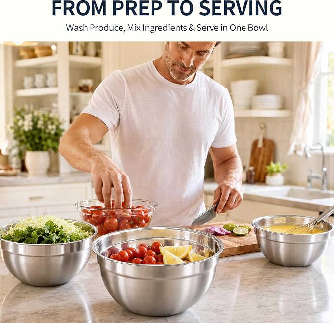 Stainless Steel Mixing Bowls with Lids Set, 3 Grater Inserts | 6 nesting stainless steel bowls, 0.7-4 QT, 6 lids, 3 grater inserts, measuring set, spatula and brush for prep and baking