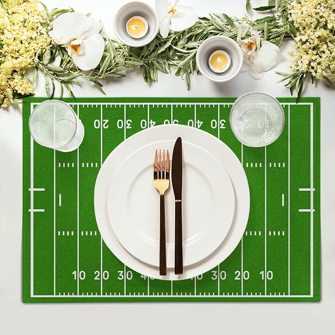 Football Placemats Set of 6 18x12 Inch Football Field Sport Themed Linen Place Mats Heat-Resistant Washable Wipeable Green Table Mat for Party Kitchen Dining Room Dinner Table Decor