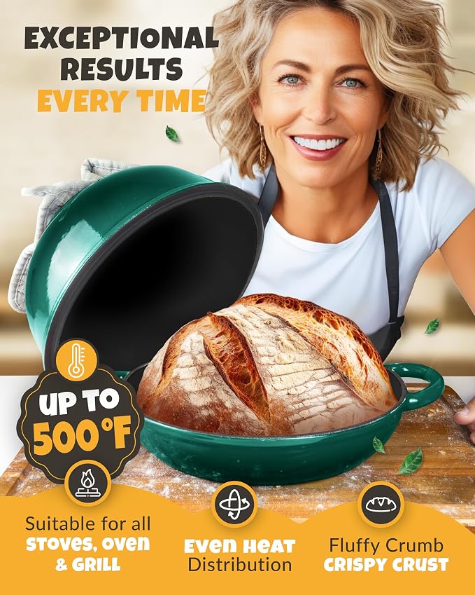 5 QT Enameled Dutch Oven for Bread Baking with Lid & Starter Kit | Dome Lid Traps Steam for Crisp Crust, Bread Proofing Basket, Scoring Tool, Dough Whisk, Bread Sling & Instructions Included