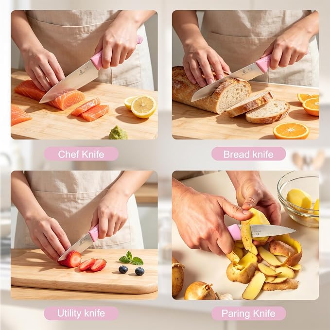 imarku 14-Piece Japanese Stainless Knife Set with Build-in Sharpener,Pink | Kitchen Knife Set with Block|15°Precision Edge|56±2 HRC Hardness|Built-in sharpener|Ergonomic handles|Dishwasher safe