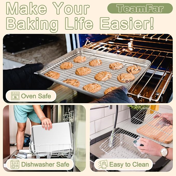 TeamFar Baking Sheet with Rack Set, 3 Pans + 3 Racks, 16/12.5/9 Inch | Stainless Steel Cookie Sheets Baking Pans Trays and Cooling Racks for Cooking, Non-Toxic & Heavy Duty, Dishwasher Safe