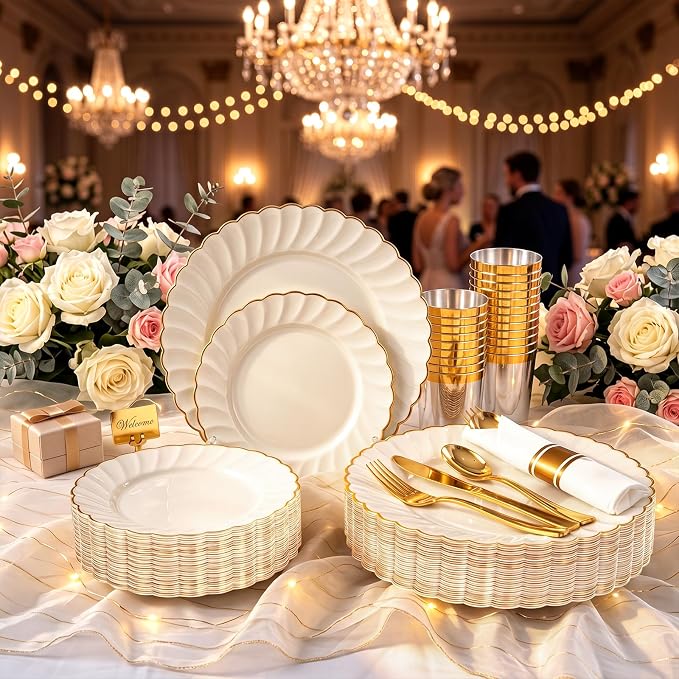 YOUBET 350PCS Ivory Scalloped Plastic Plates for Wedding Party | Ivory and Gold Disposable Dinnerware Set Include 100 Plates, 150 Gold Silverware, 50 Cups, 50 Napkins