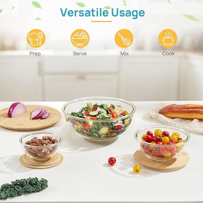 Vtopmart 3 Pack Glass Mixing Bowls with Bamboo Lids, Nesting Set | Kitchen Bowls for Mixing, Meal Prep, Serving & Baking, Space-Saving Nesting Design with Microwave and Dishwasher Safe Glass