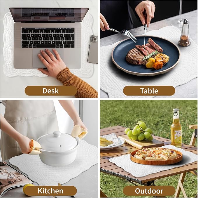6 PC Quilted Placemats, 18"X13"Extra Large Cotton Placemats Set of 6, 100% Cotton Fabric Washable Cloth Table Mats for Kitchen & Dining Table - Soft &Easy Clean(Cream White, Rectangular)