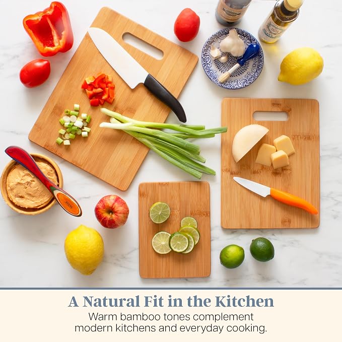 Totally Bamboo Cutting Board Set, 3 Reversible Cutting Boards for Kitchen | Small, medium & large bamboo boards for everyday meal prep. Smooth, knife-friendly surface for meat, produce, cheese & bread.