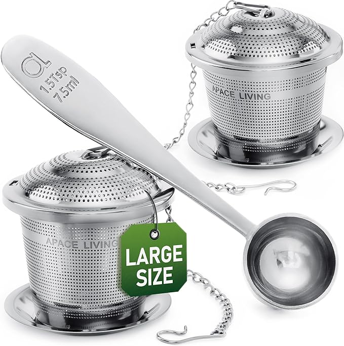 Tea Infuser Set of 2 with Tea Scoop & Drip Trays - 304 Stainless Steel Ultra Fine Mesh Loose Leaf Tea Strainer, Reusable Tea Steeper Basket for Rooibos, Green, Black, Herbal & Oolong Tea, etc