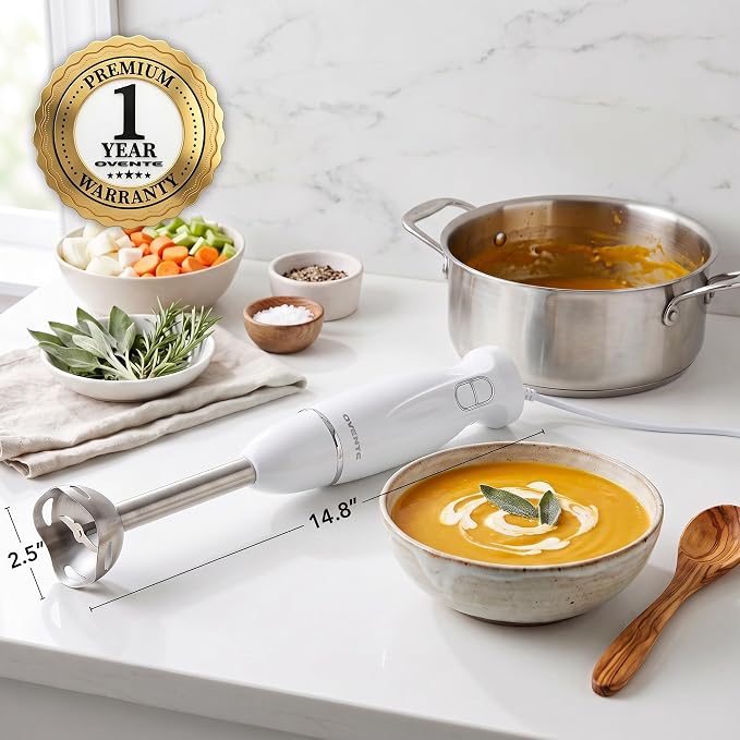 OVENTE Electric Corded Hand Blender, 300W with 2 Mixing Speeds White HS560W | Handheld Immersion Stick Mixer with Stainless Steel Blades for Smoothies, Purees & Baby Food