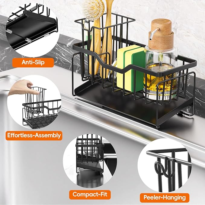 StorageRight Sponge Holder for Kitchen Sink, Stainless Sink Caddy Organizer | Rustproof Kitchen Sink Organizers with High Brush Holder & Self Drain Tray, Anti-Slip Kitchen Countertop Storage Essentials