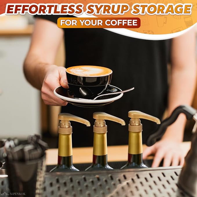Coffee Syrup Pump, 16 Pack Gold Dispenser for 25.4 oz Bottles | Pumps for Syrup Bottles; 9.25" Closed, 11.54" Open Plastic Build; Lock Mechanism, Leak-Resistant for Liquids, Sauces & Pastes