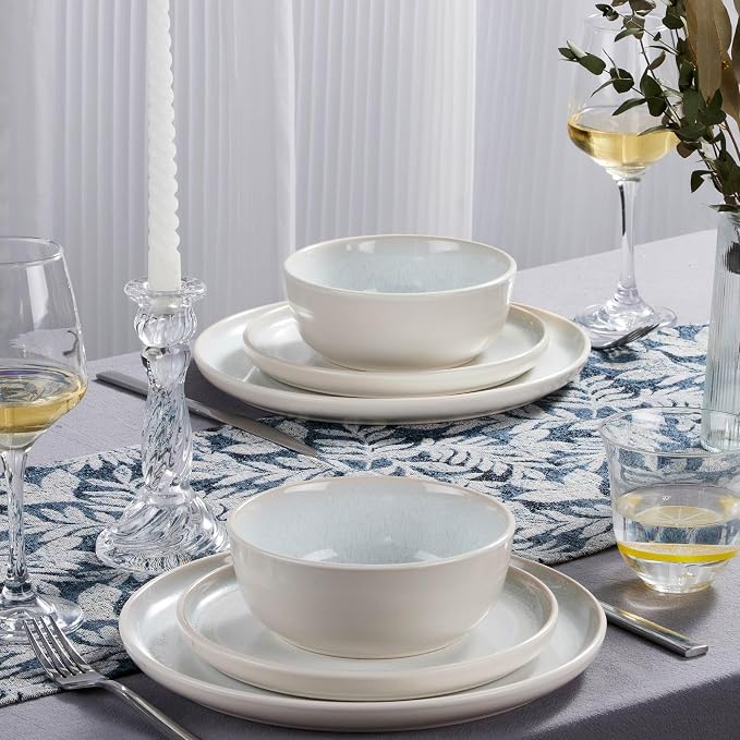 LIANYU 16 Piece Dinnerware Sets with Pasta Bowls for 4, Dusk White | Stoneware Plates and Bowls Set, Modern Dinning Ware Dishware Set, Microwave and Dishwasher Safe