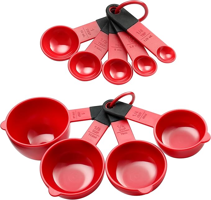 Spring Chef Set of 9 Plastic Magnetic Red Measuring Cups and Spoons | for Dry & Liquid Ingredients - Food Safe & BPA Free - Nesting Design - Dishwasher Safe