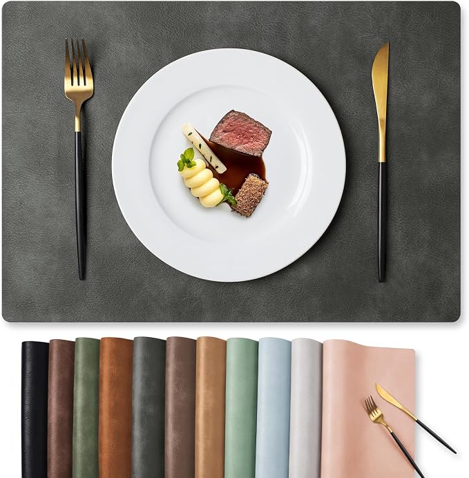 MOSAYT Vinyl Placemats Set of 4-12 X 17 Inch - Faux Leather 100% Waterproof Oil-Proof Wipeable PU Place Mats, Heat Resistant Reversible Table Mats for Kitchen, Dining, Outdoor, Dark Grey