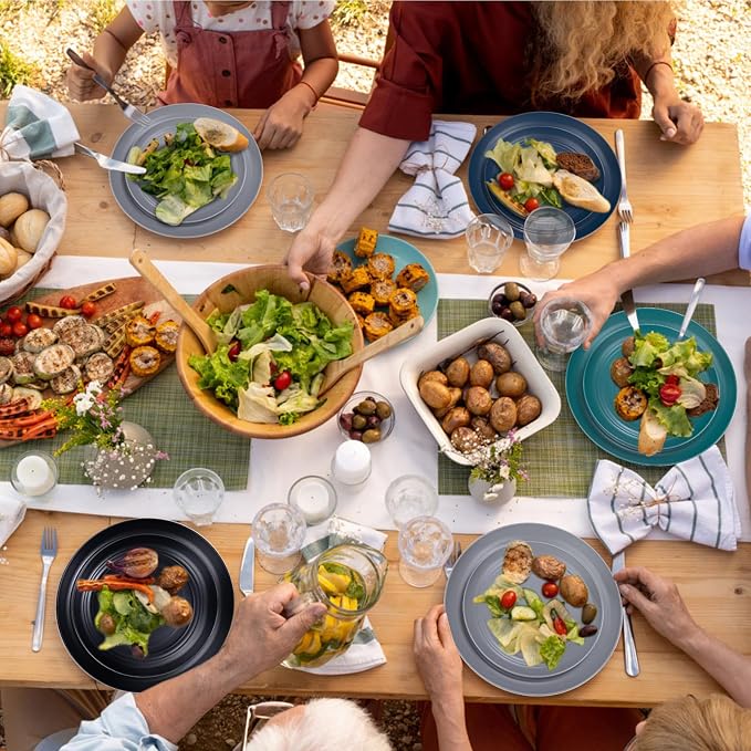 32 Pcs Assorted Colors Wheat Straw Dinnerware Set for 8 Camping | Includes Plates,Bowls & Cups In Multi Colors (Dark Blue,Green,Grey,Black),Unbreakable Heavy-Duty Plastic for RVs & Parties
