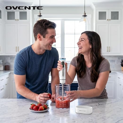 OVENTE Cordless Hand Blender, Rechargeable with 8 Mixing Speed White HR781W | 200 Watts Handheld Portable Stick Mixer, One-Touch Control and Stainless Steel Blades for Smoothies, Shakes or Soups