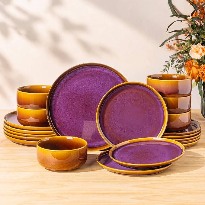 Ceramic Dinnerware Set for 6, 18-Piece Plates and Bowls Set | Handmade Reactive Glaze Dish Set, Scratch Resistant, Oven & Microwave & Dishwasher Safe, Amber Amethyst