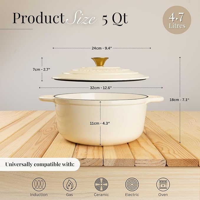 Cast Iron Pot with Lid-Non-Stick Ovenproof Enamelled Casserole Pot, Oven Safe up to 500° F-Sturdy Dutch Oven Cookware - Cream, 5-Quart, 24cm-by Nuovva