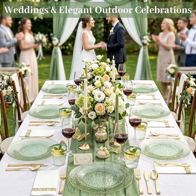 DaYammi 350PCS Sage Green Plastic Dinnerware Set, Plastic Plates Disposable Hammered Disposable Plates for Party, Include: 50 Dinner Plates 50 Dessert Plates 150 Gold Silverware 50 Napkins 50 Cups