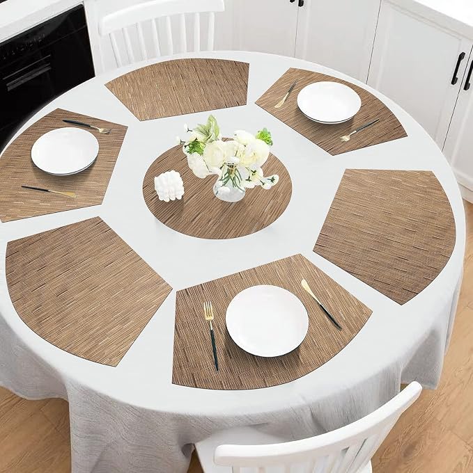 SHACOS Round Table Placemats Set of 7 Woven Vinyl Wedge Placemats with Centerpiece Round Table Mat Heat Resistant Wipe Clean (7, Tan)