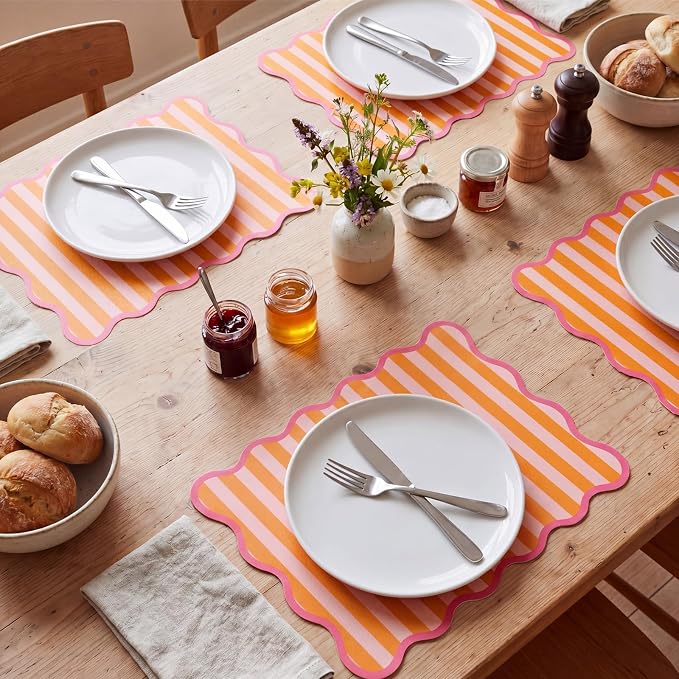 100 Pcs Italian Summer Party Decorations Orange Pink Stripe Scalloped Paper Placemats Disposable Place Mats for Summer Sunset Soiree Wedding Bridal Shower Party Home Table Kitchen Decor