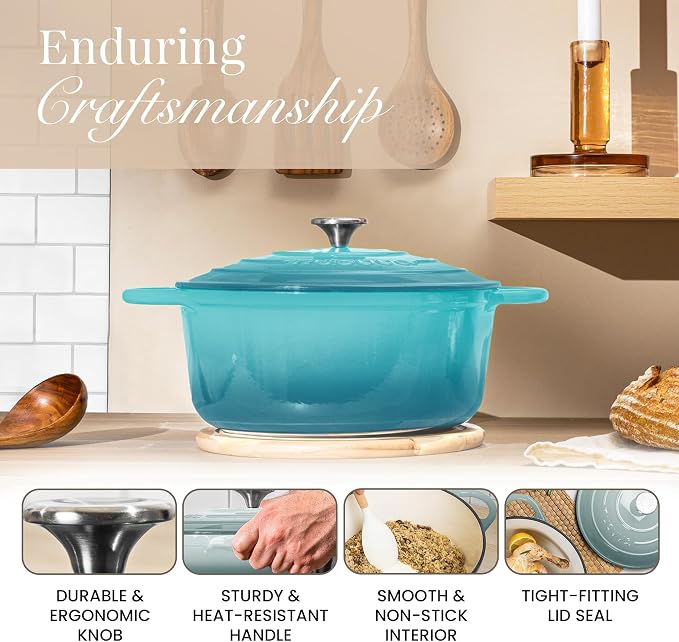 Nuovva Enamelled Cast Iron Dutch Oven Pot with Lid-6.4 Quart Non Stick Casserole Pot-Heavy Duty & Oven Safe up to 500° F for Bread Baking, Braising, Stews, Roasting - 28cm Teal