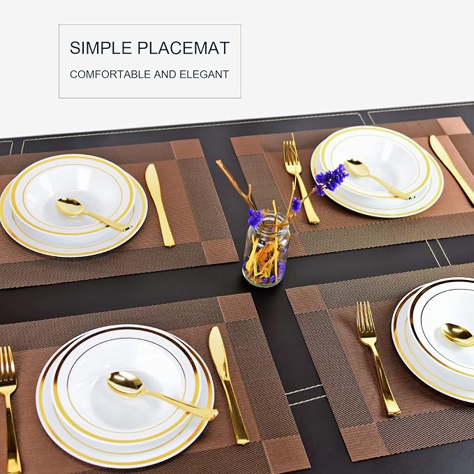 Placemats,Table Place Mats for Kitchen Dining, Heat-Resistant Anti-Skid Stain Washable PVC Table Mats, Easy to Cleaning Woven Vinyl Dinner Mats (Brown, 6 Pack)