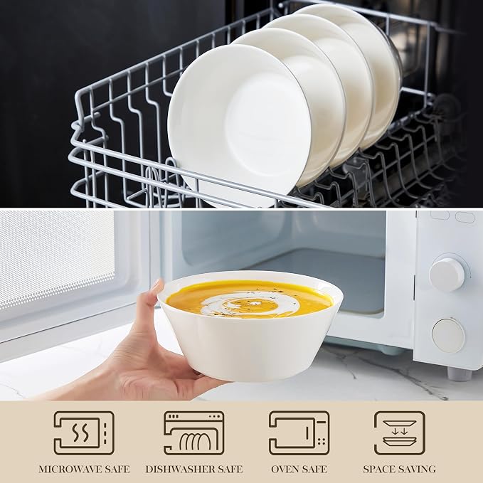MALACASA 35 OZ Soup Bowls Set of 4, White Bowls Deep Cereal Ramen Bowl | Ceramic Bowls for Salad, Pasta, Pho, Dessert, Fruit, Kitchen Essential, Dishwasher Microwave Safe, Series REGULAR