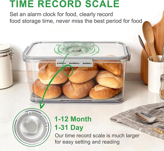 Tiawudi Plastic Bread Box for Kitchen Countertop, Airtight Bread Storage Container for Homemade Bread, Toast, Loaf, Bagel, Donut and Cookies, Time Recording Bread Keeper, Dishwasher Safe
