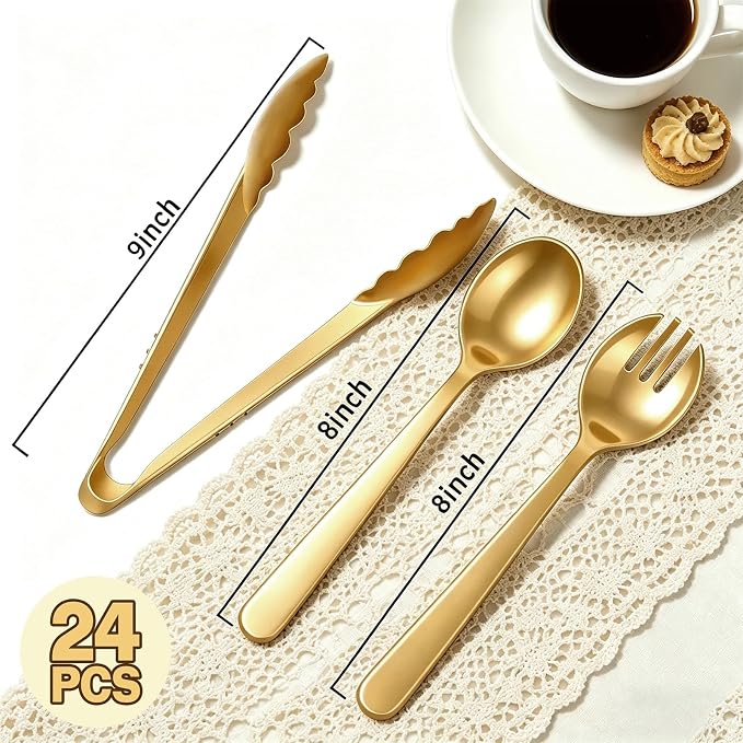 24 Pcs Gold Plastic Serving Utensils Set - Heavy Duty Disposable Serving Spoons, Forks & Tongs (8 of Each) - BPA-Free Catering Supplies for Buffets, Parties, Weddings & Events