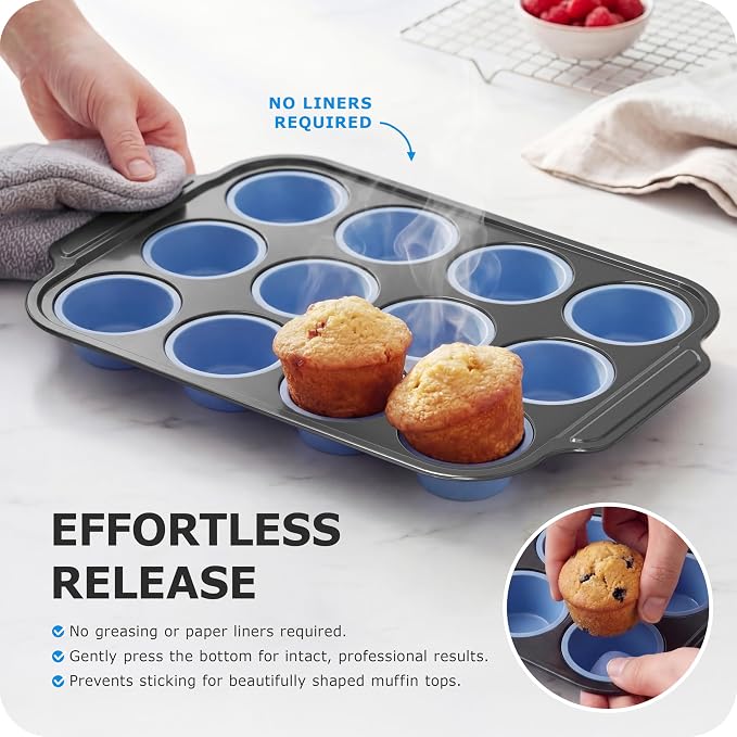 Silicone Muffin Pan for Baking with Metal Frame, 12 Cup Regular Size Cupcake Pan, Nonstick Food Grade Silicone Muffin Tin for Baking, Easy Release Egg Bite Molds, BPA Free