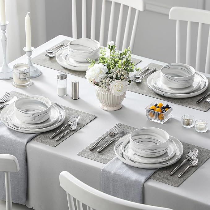MALACASA 12 Pcs Porcelain Plates and Bowls Sets,Dinnerware Set for 4,Grey | Modern Ceramic Dishware Set,Kitchen Dining Ware,Microwave and Dishwasher Safe,Unique Marble Grey Design,Series LUNA