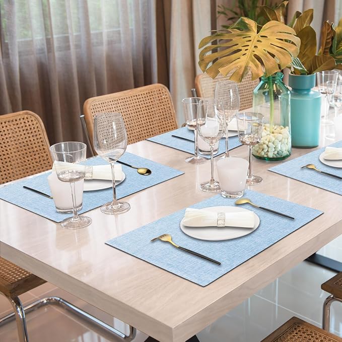 Cloth Placemats Set of 6, Cotton Linen Blend Place Mats, Light Blue | Machine Washable, Double Layered, Heat Resistant, Fabric Dining Table Mats for Kitchen, Indoor & Outdoor, 13" x 19"