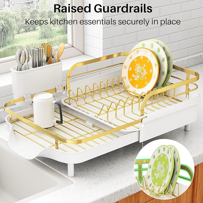 SAYZH Expandable Dish Drying Rack for Small Kitchen Counter, Gold | Stainless Steel, Protective Guardrail, Angled Drainboard, Fits High-Rim Sinks, Removable Utensil Holder