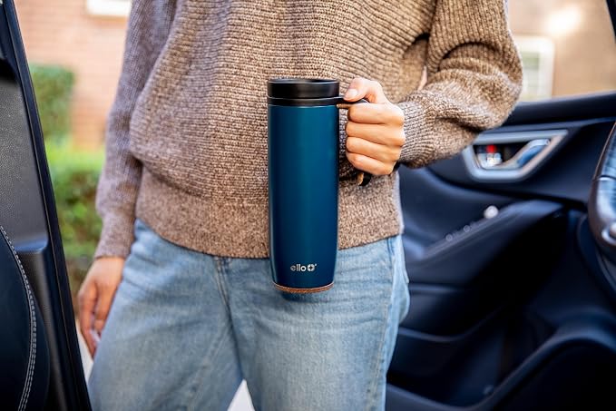 Ello Magnet 18oz Insulated Stainless Steel Travel Mug with Handle, Poseidon | Leakproof coffee tumbler with side handle and cork coaster. BPA-free, keeps drinks hot for 5 hours, great for coffee and tea.