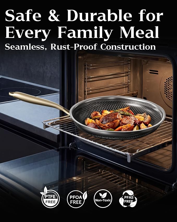 Nonstick Frying Pan Set with 3 Lids, 8+10+12 Inch, Honeycomb Stainless Steel Skillet Pans Set, PFOA-Free Scratch-Proof, Dishwasher & Oven Safe, Compatible with All Cooktops