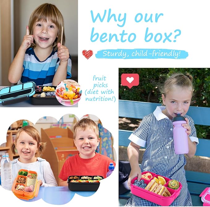 QQKO Bento Box for Kids Adults, School Toddler Lunch Box for Boys Girls, Lunch Box Containers with 4 Compartments, Sauce Container, Utensils, Food Picks and Muffin Cups for School, Black Blue