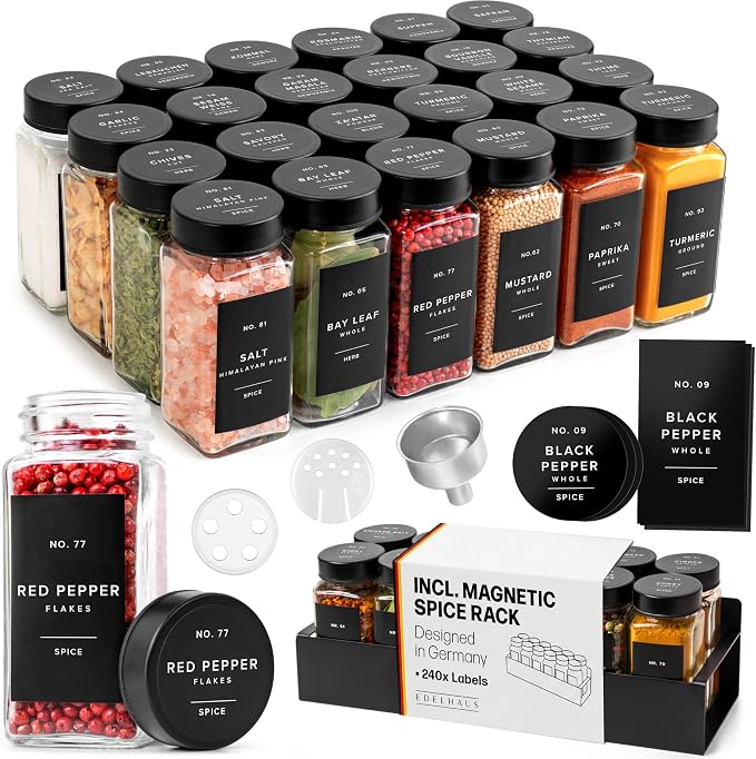 Square Glass Spice Jars (24 x 4oz) with Black Lids + Magnetic Spice Rack for Refrigerator (Fits 12 Jars) + Bonus Slim Auxiliary Rack, 240 Labels, Shaker Inserts, Funnel