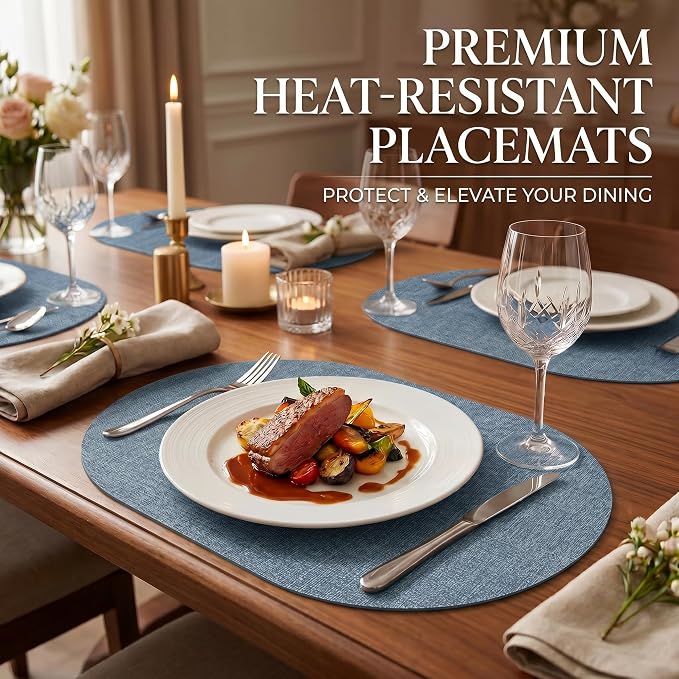 Faux Leather Placemats Set of 6, Wipeable Waterproof Stain Resistant Table Mats, Heat Resistant Thick Placemats with Hand-Painted Edges for Kitchen Dining, Imitative Linen Texture, Various Shapes