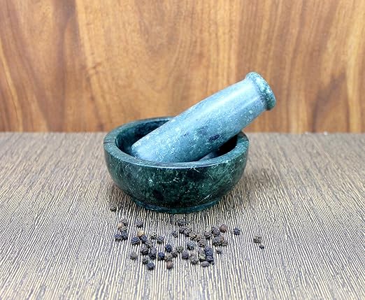KLEO 4” Natural Stone Mortar and Pestle Set – Heavy Duty Spice & Herb Grinder, Guacamole Masher,Non-Porous, Odor Resistant – Garlic Crusher, Seed Grinder, Kitchen Tools(Green Shallow)