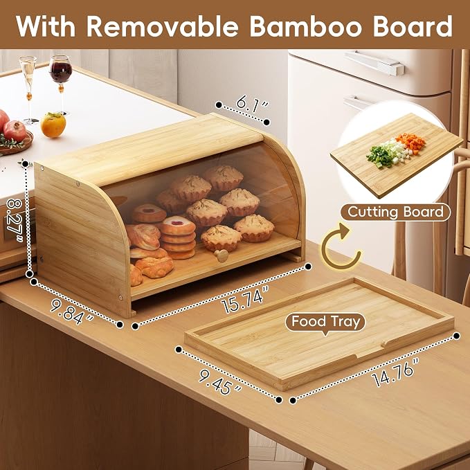 Roll Top Bread Box for Kitchen Countertop with Clear Lid | Natural bamboo, clear roll-top lid. Airtight small breadbox. Includes cutting board. Easy assembly, homemade bread storage