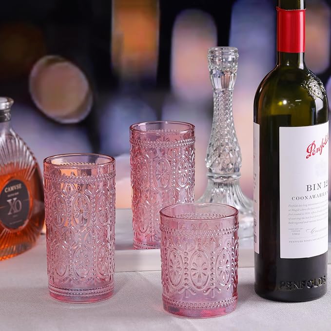 Darlion Vintage Glassware, Pink Glasses Drinking, 12oz Highball Glasses | Lead-Free Glass, Food Grade Glass, Durable&Sturdy, Vintage Decoration
