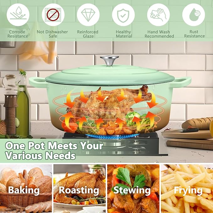 TeamFar 7QT Oval Dutch Oven, Enameled Cast Iron Dutch Oven Pot with Lid | For Bread Baking/Stewing/Braising/Frying, Suitable for Various Stoves, Non-stick & Easy Clean, Pistachio Green