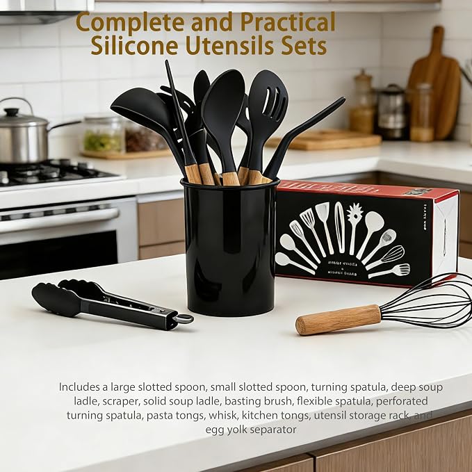 Silicone Utensils Set for Cooking - 12 Piece Set&BPA Free（Black） | Heat resistance: 446°F、dishwasher safe、non-toxic / BPA free、for nonstick cookware & baking
