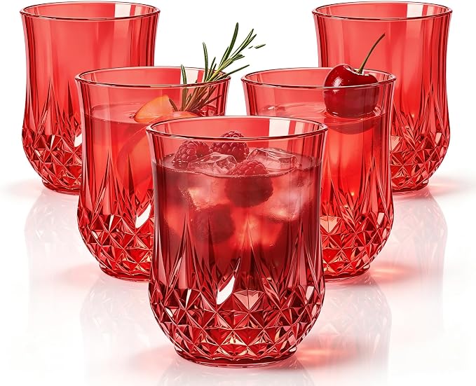 24 Pack 12 Oz Plastic Stemless Wine Glasses, Red | Unbreakable, Reusable, Elegant Vintage Design, Fancy Cocktail Cups, Whiskey, Champagne, Wedding, Party, Bars, Holiday Events
