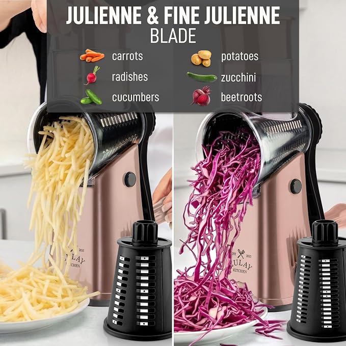 Zulay Kitchen Rotary Cheese Grater 5 Blade Cheese Shredder - Manual Hand Crank Cheese Grater With Reinforced Suction & 5 Interchangeable Drums - Easy to Use, Vegetable Chopper Round Mandoline Slicer