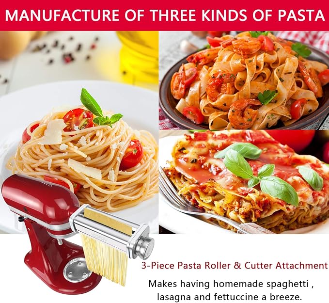 COFUN Pasta Attachment for KitchenAid Stand Mixer, 3 Pcs | 8 Thickness Settings Stainless Steel Pasta Maker with Sheet Roller, Spaghetti & Fettuccine Cutter
