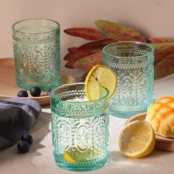 Darlion Vintage Glassware, Green Drinking Glasses, 10oz Green Glass Cups | Food Grade Glass, Lead-Free Glass, Durable&Sturdy, Vintage Decoration