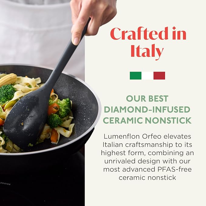 Orfeo 11” Nonstick Wok Pan, Made in Italy, Diamond Ceramic PFAS-Free Cookware, Induction Ready, Scratch Resistant, Laser-Fused Surface for Durability, Dishwasher Safe, Black