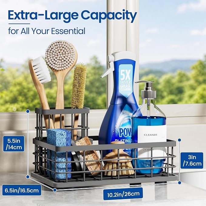Kitchen Sink Caddy Organizer with Sponge & Brush Holder, Stone Drying Mat | Extra-Large Kitchen Countertop Organizer, Stainless Steel Kitchen Sink Accessories with Quick-Dry Soap Tray for Fewer Stains.