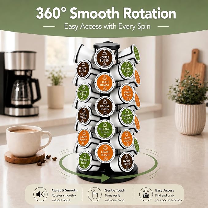 Coffee Pod Holder for 40 Pods, K Cup Holder Organizer with Weighted Base | Heavy-Duty Steel,Smooth & Quiet 360°Rotation,Easy Access,No Assembly Required,Space-Saving for Coffee Stations & Countertops