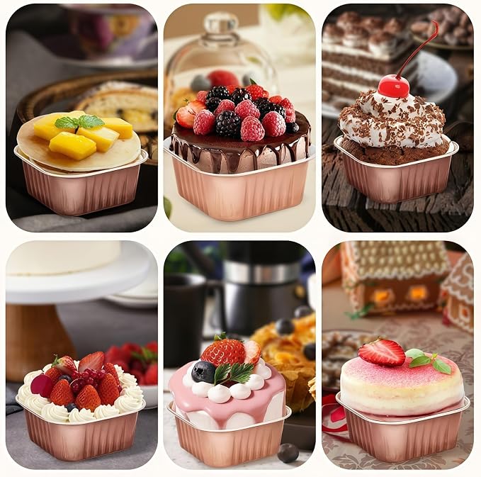 60Pack 5oz Champagne Mini Cake Pans with Lids Baking Cups Aluminum Foil Pans Tins, Individual Dessert Cups Containers for Sales,Party,Picnics